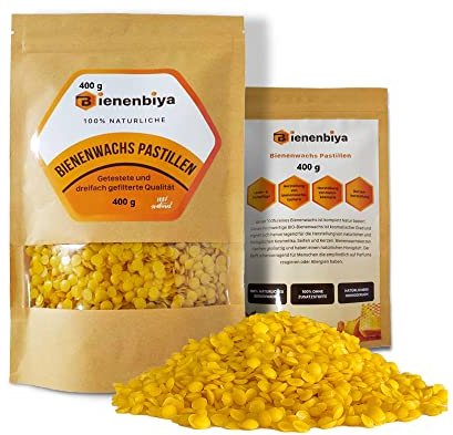 Bienenbiya® 100% Reine Bienenwachs Pastillen (400g) ohne Zusatzstoffe, natürliches Beeswax für Salben,Kosmetika,Seifen,Kerzenherstellung und Leder-/Holzpflege