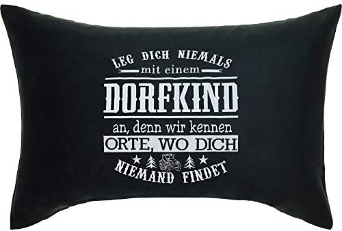 Lustiges Kissen mit Spruch Dorfkind Kissenbezug | Leg dich nie mit einem Dorfkind an Dekokissen mit Füllung Sofakissen Polsterüberzug Couchkissen lustiges Geschenk| 40x60cm | schwarz