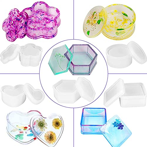 Moules en Résine époxy pour Boîtes,Saijer 5pcs Carré/Rond/Hexagonal/Fleur/Coeur Moule Résine de Silicone Cendrier pour L'artisanat de Bricolage à Partir de Moule en Silicone