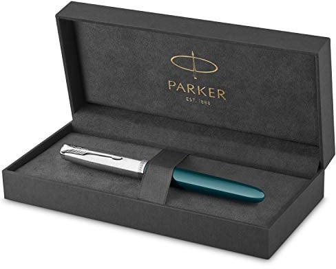Parker 51 Füller | Petrolblauer Schaft mit Chromfarbenen Zierteilen | Füllfederhalter mit feiner Feder und schwarzer Tintenpatrone | Geschenkbox