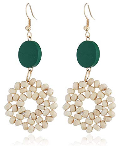 YAZILIND Einfache Haken Ohrring Handgewebte Holzperlen Hohl Anhänger Drop Dangle Ohrringe Retro Schmuck Geschenk für Frauen (Grün)