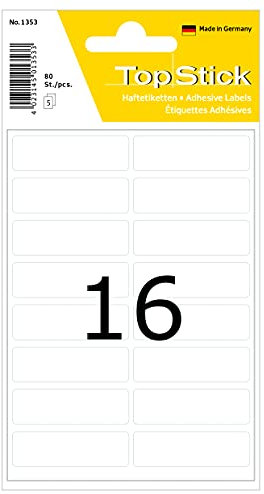 TopStick 1353 Vielzweck-Etiketten mini, 80 Stück, 40 x 13 mm, 16 pro Bogen, selbstklebend, Haushaltsetiketten zum Beschriften, matt, blanko Papier Klebeetiketten Aufkleber, weiß