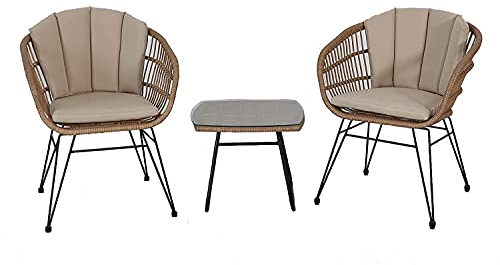 Signature Homes and Gardens SH&G Tatton 2 Seat Wicker Bistro Set | 3 Piece Drinks Table & Chairs | Brown Rattan with Cream Cushions | Indoor & Outdoor