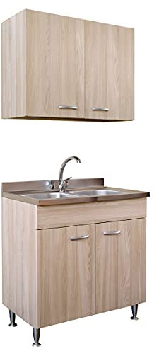 Yellowshop | Mobile cucina sottolavello a 2 ante cm 80 colore Olmo completo di lavello inox e scolapiatti serie Basic (Versione Sx)