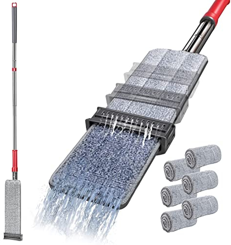Mathome Balai Plat Microfibre avec Essorage Intégré, Serpillière Plate 147 cm avec 6 Tampons Microfibre, Serpillière à Rangement Debout pour Nettoyage des Sols Bois Dur, Carrelage et Stratifié
