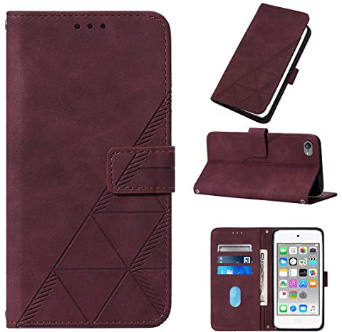 LMFULM® Hülle für iPod Touch 5/6 / 7 (4,0 Zoll) PU Leder Magnet Brieftasche Lederhülle Dreieck Drucken Flip Cover Ledertasche Stent-Funktion Case Rotwein