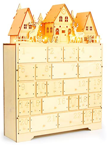 VEYLIN Grande calendario dell'Avvento in legno con luci a LED, 24 cassetti, per bambini e adulti, decorazione natalizia