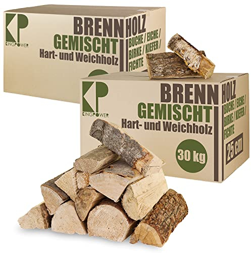 Brennholz Gemischt Kaminholz 60 kg Buche Birke Eiche Kiefer Fichte Holz Für Ofen und Kamin Kaminofen Feuerschale Grill Feuerholz 25 cm Wood Kammergetrocknet Kingpower