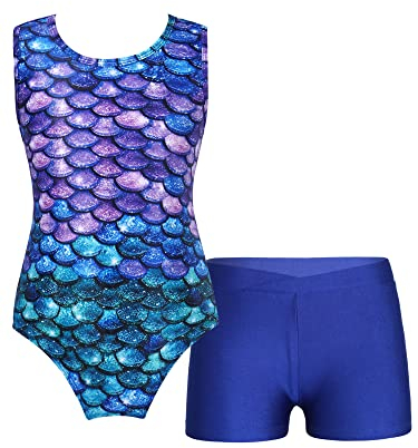 iEFiEL Mädchen Glitzer Turnanzug Ärmellose Leotards Rückenfrei Ballettanzug mit Strass Ballettkleidung Gymnastikbody Tanzkostüm T Blau Meerjungfrau 134-140