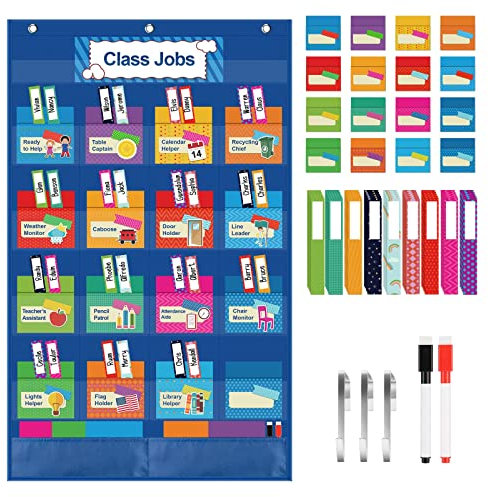 KIKIGOAL Klassenraum Jobs Pocket Chart (50x81 cm) - Organisationstafel für Lehrer & Grundschule | Pädagogisches Tafeldiagramm für Klassenzimmer | Blau Unterrichtsmaterial