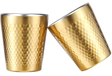 TIICOO Edelstahlbecher 2 Packungen 300 ml, Stapelbar Doppelwandig Isoliert Metall Bruchsicher Titanbeschichtete Diamantstrukturierte Oberfläche Hitzebeständig Spülmaschinenfest (Golden)