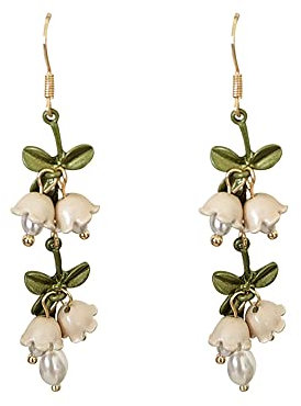 Chic White Bell Orchids Dangle Hook Earrings for Women Girls 14K Gold Plated CZ Pearl Green Leaf Drop Wedding Earrings Hoops Studs Fashion Jewelry Gifts BFF