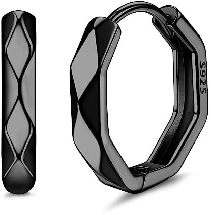 ORAZIO 925 Sterling Silber Herren Ohrringe Creolen für Teenager Jungen | Kleine Schwarze Schlaf Echt Silber Creolen Diamant für Damen Einfache Unisex Ohrringe Minimalistische Feinschmuck Geschenke