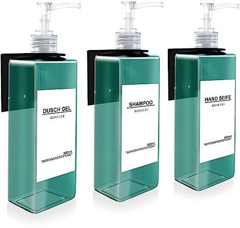 Roselee 3er Seifenspender Wandbefestigung Set, Dusche Ohne Bohren 500ml Wandmontage Cyanfarben Shampoo Spender Mit Trichter Und Wasserdichten Etiketten für Küche Bad