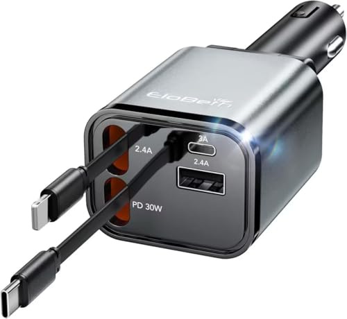 Retractable Car Charger,69W Car Phone Charger USB C Fast Charge,Cigarette Lighter USB Charger Car Accessories for Women,Road Trip Essentials Gift for Men,RV Power Adapter for iPhone 17/16/15/14,Galaxy