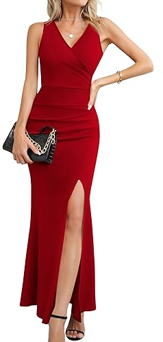 Laughido Robe de Cocktail, Longue, Porte Feuille, Moulante, élégante, pour Femmes, fête, été Festive, soirée de Mariage, Rouge, XS