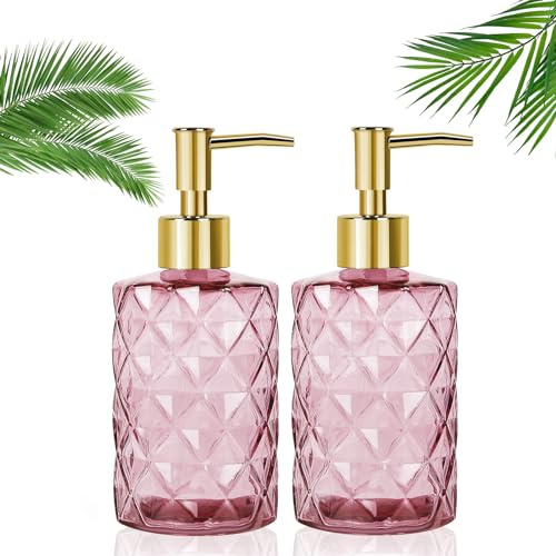 HYEIOL 2pcs Seifenspender Rosa Glas mit Kunststoff Pumpkopf, 330ML Pumpspender Glas Nachfüllbarer Shampoo, Flüssigseife, Duschgel, Lotion, Soap Dispenser für Küche Badezimmer (Rosa)