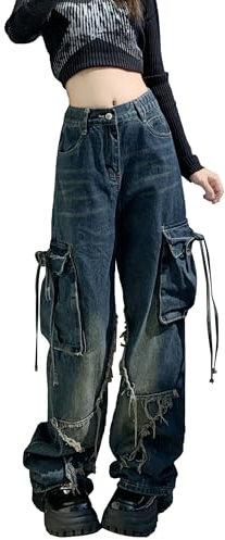 Kisswow Y2k Damen-Jeans, Stern-Jeans, hohe Taille, Cargohose, Sternenhose, niedliche Jeans für Damen, Pentagramm 19 Blau, S