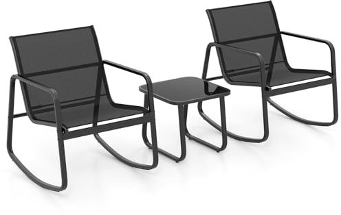 GOPLUS Salon de Jardin 2 Personnes,Table Basse avec 2 Chaises à Bascule,3Pcs Salon de Bistrot avec Cadre Métallique, pour Balcon, Piscine(Noir)