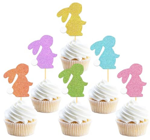24 Stück Glitzer Ostern Kaninchen Cupcake Toppers, Ostern Tortendeko, Hase Kuchen Deko für Osterfest Party Dekoration (Häschen)