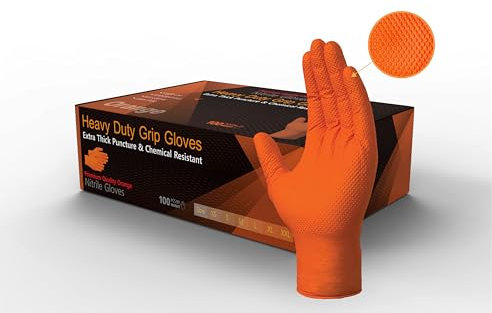 100 Heavy Duty Super Strong Orange Grip Nitrile Gloves PF 8.5 mil |Mechanical |Industrial| Engineering |Food| Cleaning| Plumbing |Gardening Gloves (Orange, MEDIUM)