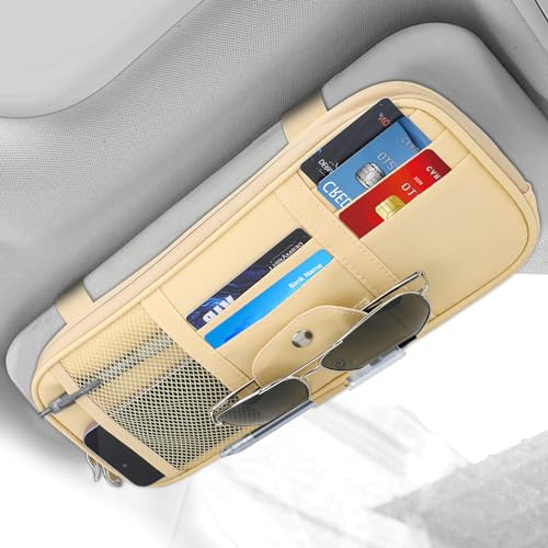 Linkstyle Auto Sonnenblenden-Organizer, Aufbewahrungstasche für Auto, LKW, SUV, Registrierungshalter, Innenzubehör, Ledertaschen Organizer mit Netz-Reißverschluss für Karten, Schlüssel