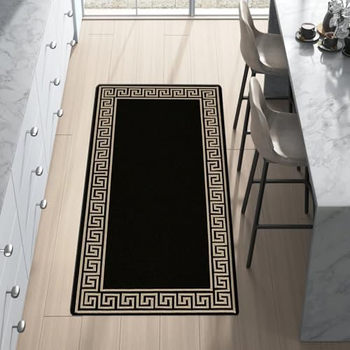 renoazul® Low Pile Hallway Runner Non Slip Rug, 80x150 cm - Black Beige - Greeky Front Door Mat Inside Washable Kitchen Rug And Rugs For Living Room.