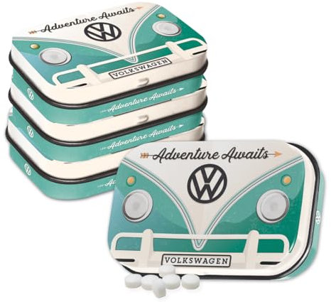 Nostalgic-Art Retro Pillendose, 4 x 6 x 1,6 cm, VW Bulli – Adventure Awaits (4er-Set) – Volkswagen Bus Geschenk-Idee, Original Lizenzprodukt (OLP), mit Pfefferminz-Dragees, Vintage Design