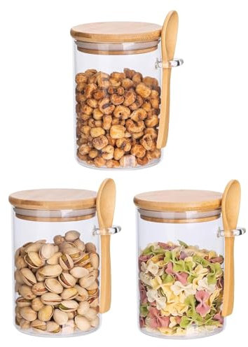Qikuver Lot de 3 bocaux en verre avec couvercle hermétique et cuillère, pot conservation pour stockage des aliments, Bocaux Epices, boîtes de conservation en verre pour café/thé/sucre/épice (540 ml)