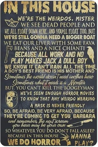 Decor in This House We Do Horror-Blechschilder, College, Wohnung, Zuhause, Bar, Männerhöhle, Dekoration, Frühling, 20,3 x 30,5 cm, Blechschild, Heimdekoration, Heimdekoration, Metallschilder,