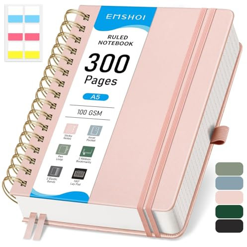 EMSHOI A5 Notebook College Ruled, Spiral Notepad 150 Sheets/300 Pages, 100gsm, HardCover, Sticky Notes, Pocket, Pen Loop, Ruler, Bookmark, Lined Journal for Women Men Writing, 14.5 x 21cm, Rose Gold