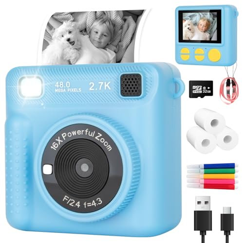 Kids Camera Instant Print for Girls Boys - 2.4'' 1080P Instant Print Camera with 32GB Card & 3 Rolls Print Paper 16x Digital Zoom Birthday Toys Gifts for Kids Age 3-14 (Blue)