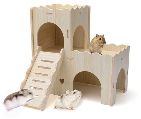 Lucxhcky Hamsterhaus aus Holz, Hamsterspielplatz mit Höhlentreppe, Hamsterhäuser und Verstecke, Holz Hamsterspielzeug Hamsterkäfig Zubehör (001)