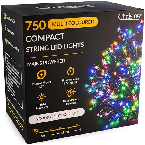 CHRISTOW 6ft Christmas Tree Lights, 750 Multi-Coloured LED Fairy Lights with Timer, 8 Light Modes, Energy Efficient 3mm LEDs, Indoor & Outdoor, Mains Powered, Green Cable (18.72m Lit Length)