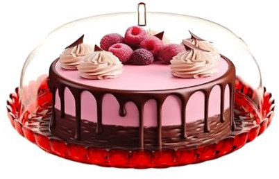 Avilia Tortiera di Vetro con Coperchio 30cm Rosso e Trasparente - Cupola Trasparente Ideale per Conservare Muffin, Biscotti e Torte - Realizzata in Materiali Resistenti è Facile da Pulire