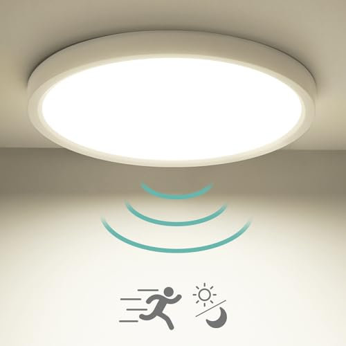 OPPEARL LED Deckenleuchte mit Radar Dämmerungssensor, 18W 1800LM Rund Sensor Licht,4000K Rund Deckenlampe mit Bewegungsmelder Innen für Flur Treppe Küche Balkon Abstellraum Keller Ø23×2,4cm