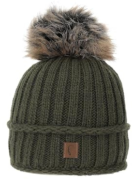 Faera Damen Bommelmütze mit Kunstfell und Fleece Innenfutter Beanie, Farben:Khaki, Größe:One Size