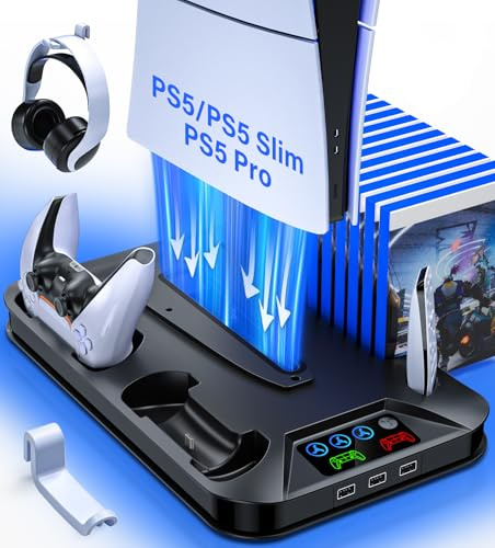 RJAD PS5/Slim/Pro Kühlstation, PS5 Slim Pro Kühlständer mit Controller Ladestation für PlayStation 5 Konsole, PS5 Kühlzubehör inkl. Kühlerlüfter, USB-Hubs, Headset-Halter