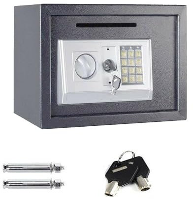 16L Tresor mit Zahlenschloss und 2 Schlüssel Möbeltresore Geldkassette Feuerfest Klein Stahlsafe Elektronisch für Zuhause, Büro, Schule, Hotel 35x25x25cm, Grau