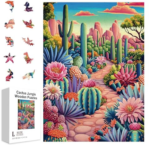 GLOBLELAND 300Pcs Cactus Jungle Wooden Jigsaw Puzzles for ChildrenColorful Cactus World Wood Jigsaw Puzzles for Preschool Child Learning Birthday Anniversary