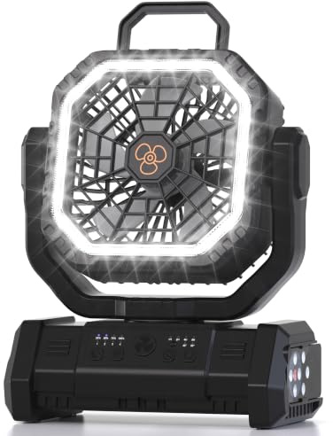 Honesorn Camping Fan Battery Operated Powered Fan with LED Lantern Light 20000mAh Rechargeable Portable, Oscillating with 360° Rotation Hanging Hook for Tents (Black)