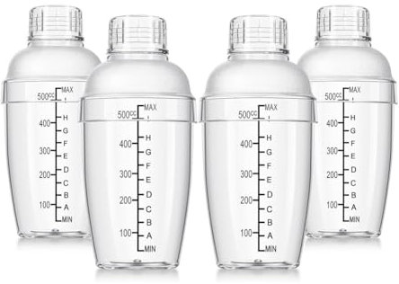 Kznifmk 4 Piezas de Coctelera de Plástico, Mezcladora de Bebidas Manual, Coctelera con Báscula y Colador, Coctelera Transparente Superior con Medidas