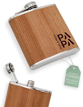 Abenteuernah Flachmann personalisiert, Vatertagsgeschenk Papa Edelstahl | Whisky Flasche mit Gravur und Bechern, Holzoptik Geschenk zum Wandern für Männer