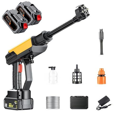 Idropulitrice a batteria per uso domestico, idropulitrice elettrica ad alta pressione senza fili con spazzole, macchina per il riciclaggio dell'acqua a batteria, per il lavaggio,Yellow- 2 Battery