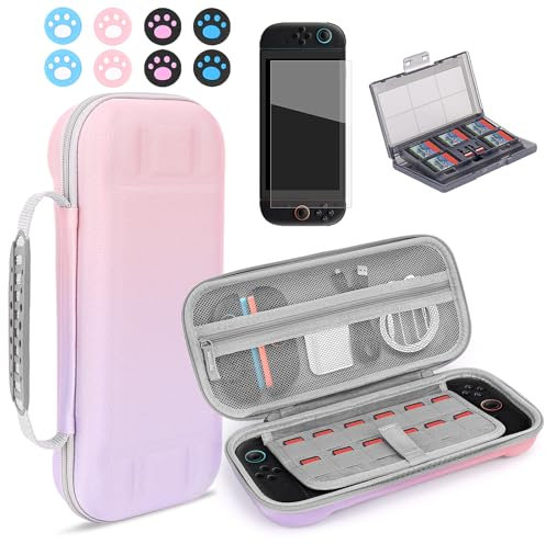Homgaty Switch 2 Case for Nintendo Switch 2 2025 - Carry Case with Screen Protector, Game Card Holder & 8 Cat Paw Silicone Button Caps Protective Travel Bundle (Pink & Purple)