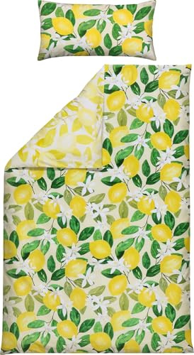 REDBEST Wendebettwäsche Renforcé Zitronen und Zitrusblüten gelb Größe 40x80 cm / 135x200 cm - temperaturausgleichend, hohe Strapazierfähigkeit, mit praktischem Reißverschluss