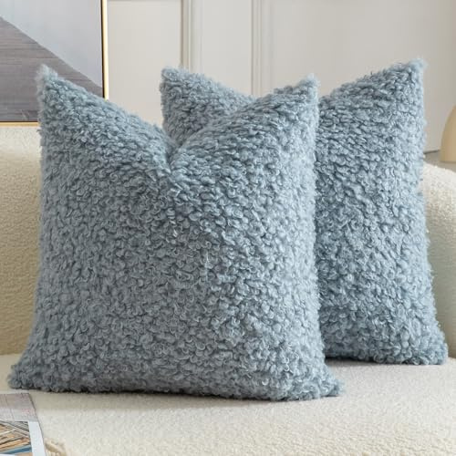 Yaertun 2er Set Kissenbezug Teddywolle Faux Pelz Dekorative Kissenbezüge Plüsch Bouclé Sofakissen Couchkissen Dekokissen Zierkissenbezug Deko Kissenhülle Schlafzimmer Wohnzimmer 50x50 cm Hellblau