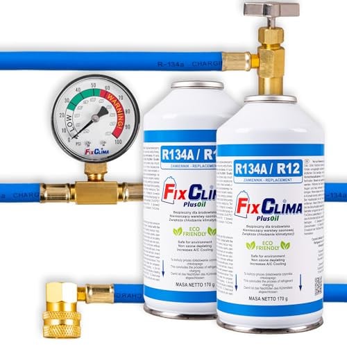 FixClima Klimaanlage Auto Nachfüllset R134a R12 Ersatz – 2x Kältemittel Gas (2x 170g) & Füllschlauch mit Manometer – für Fahrzeuge 1994-2016 – Inkl. Öl & Dichtungsmittel – DIY Klimaservice Set