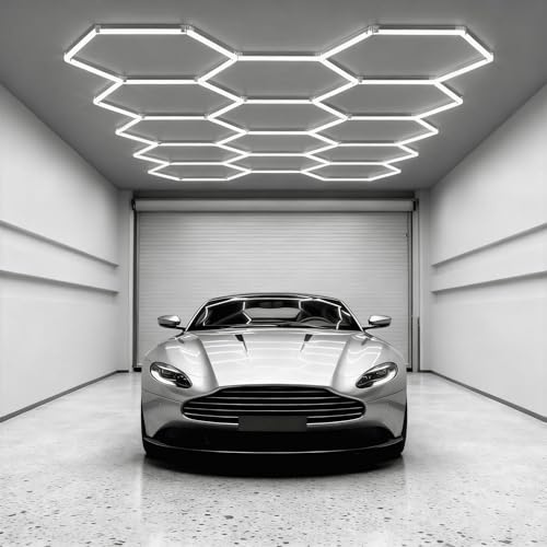 UISEBRT Hexagon LED Deckenleuchte,14 Hexs Garagenbeleuchtung ohne Rechteck,IP44 flimmerfrei Werkstattbeleuchtung LED-Deckenleuchten 6500K Weiß für Garage, Werkstatt, Lager, Keller, Fitnessstudio,Salon