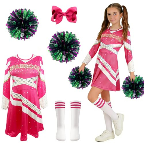 MINGJAY Cheerleader Kostüm,4 Stück Cheerleadering Outfit,Cheerleading Uniform,Cheer Kostüm Outfit,Cheer Outfits mit Pompoms Socken,Faschingskostüm,für Halloween-Verkleidung,High-School-Mottoparty